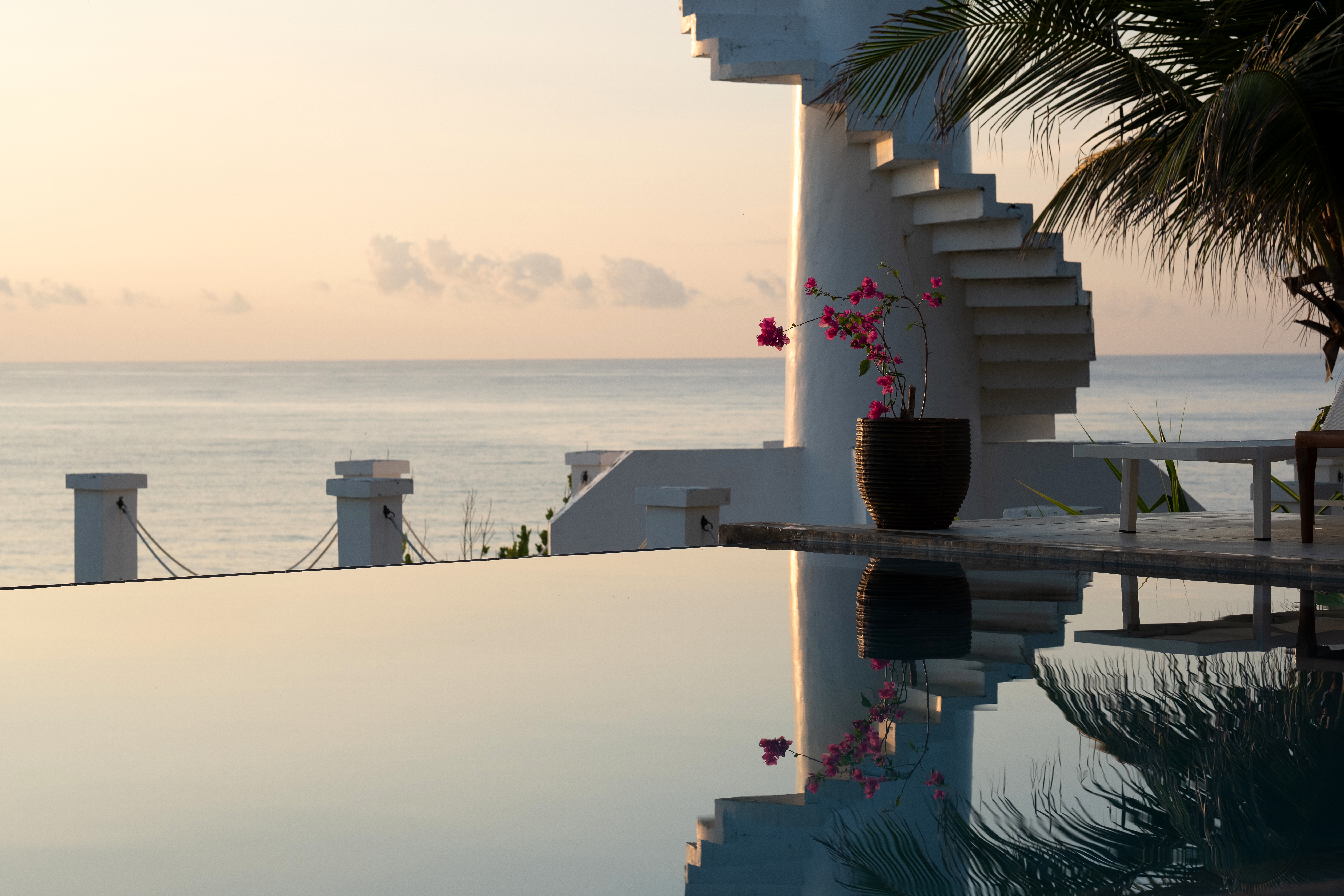 Sunrise, tropical flowers and reflections beside the infinity pool