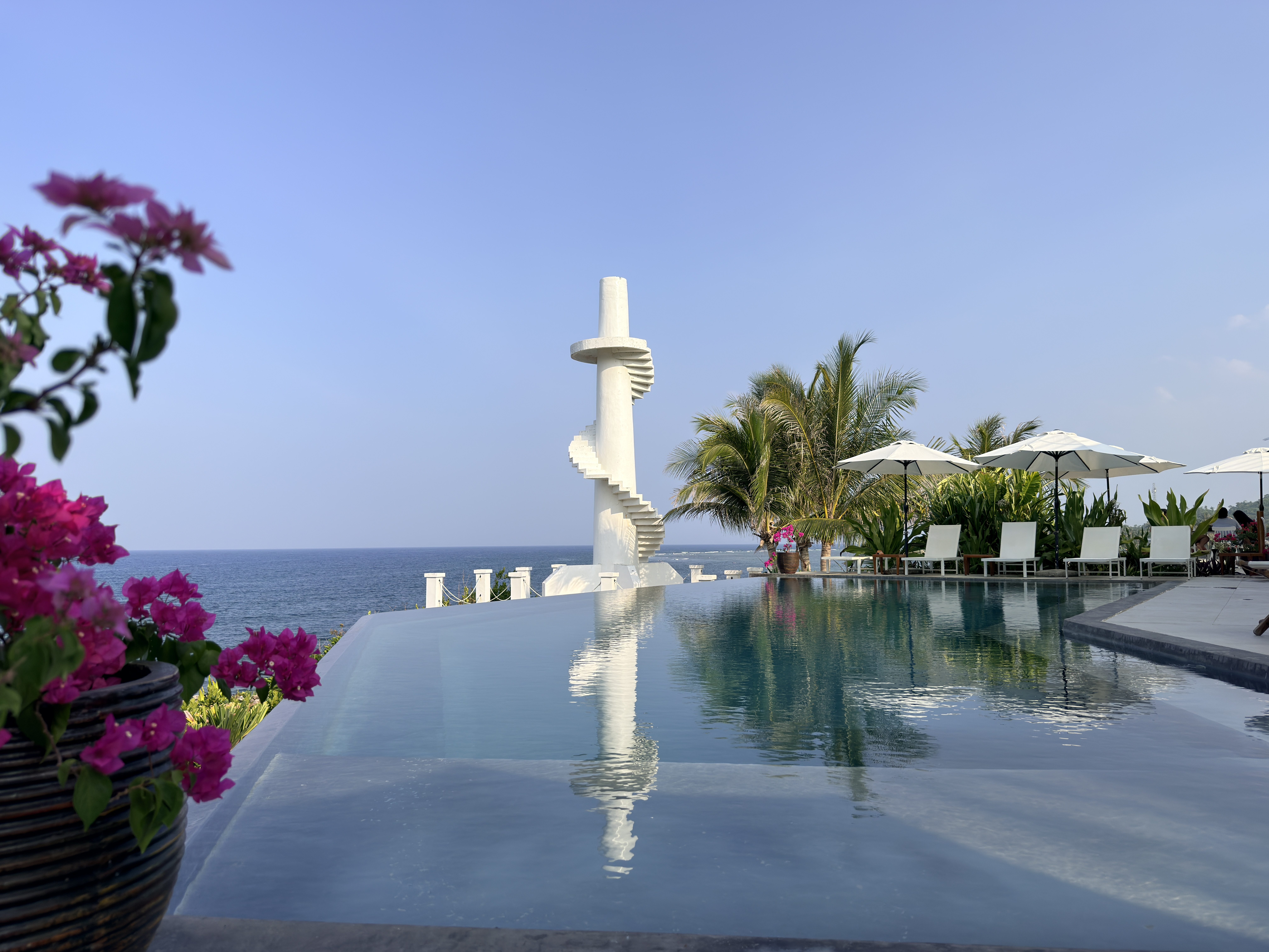Infinity pool, ocean and landmark sculpture at Trogon’s Perch